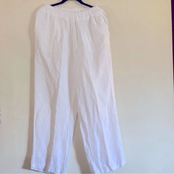 H&M Wide Leg White Linen Blend Pants XL Pockets Pull Up Stretch NWOT Gorgeous - Picture 1 of 5